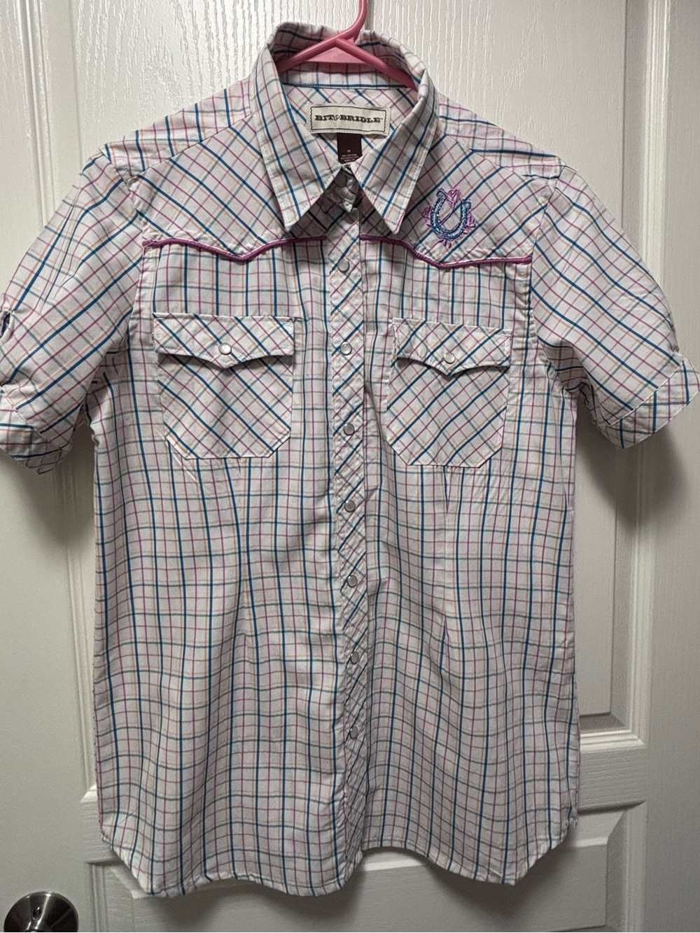 Western Shirt by Bit & Bridle size M short sleeve snap pearl buttons embroidery